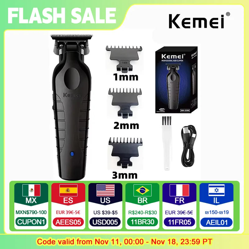 Máquina de corte cabelo acabamento Kemei KM-2299 USB recarregável 110V/220V