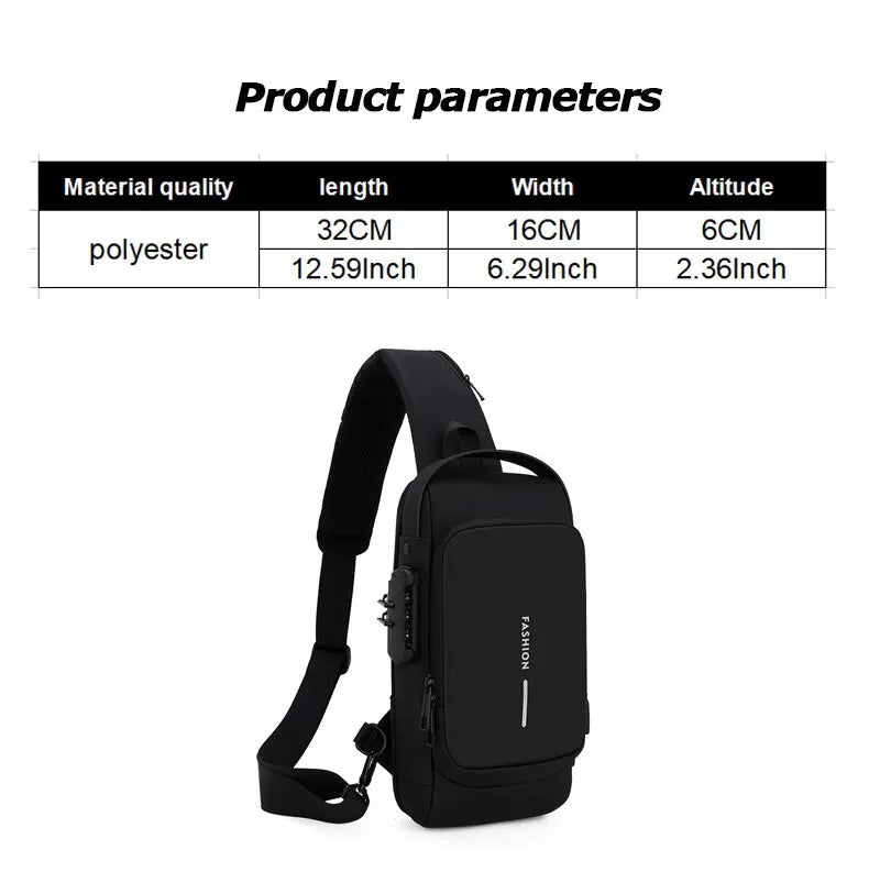 mochila transversal de ombro masculina multifuncional anti-roubo USB